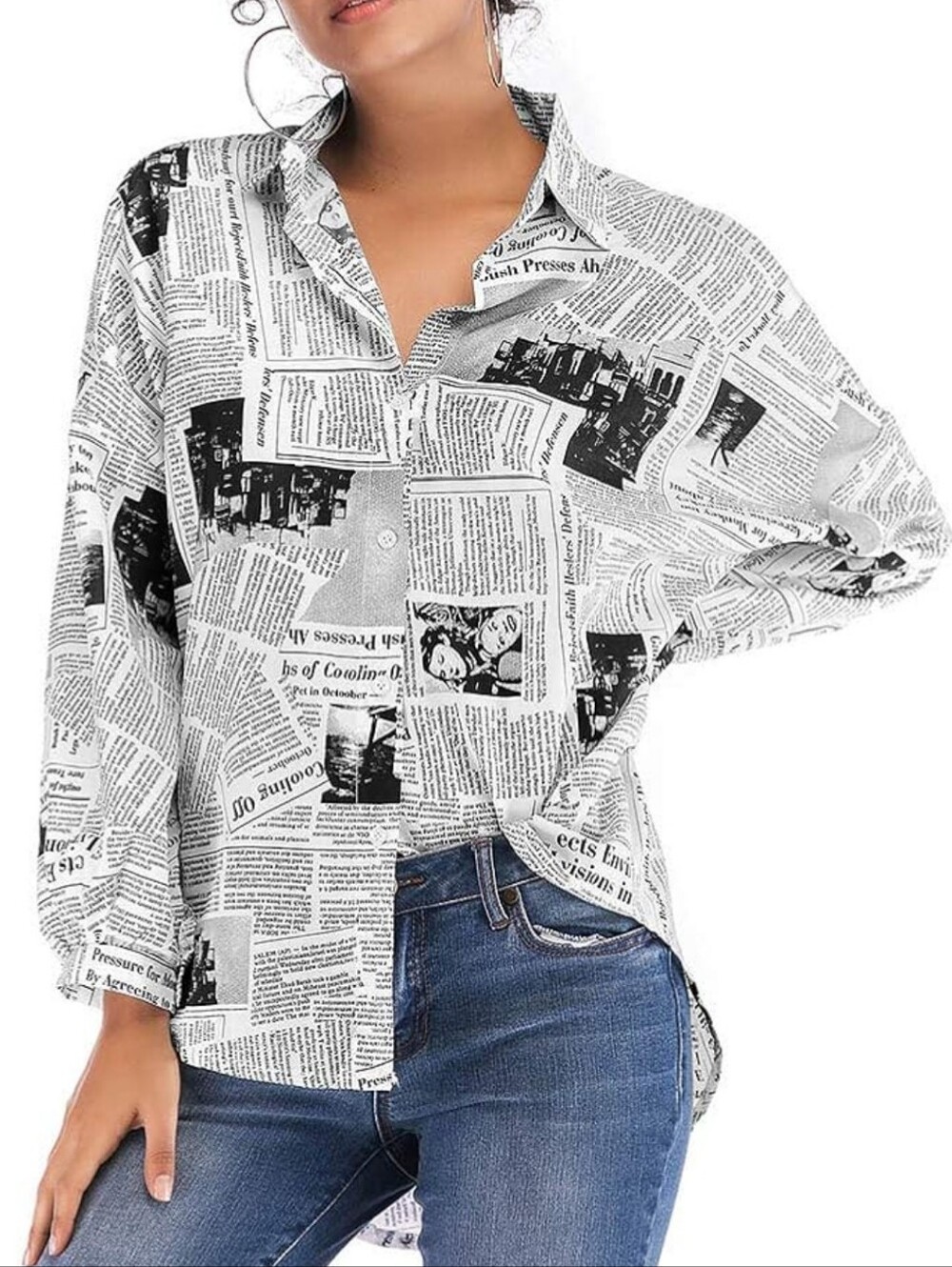 Gabby Isabella Art Deco Newsprint Crisp Cotton Button-Down Shirt